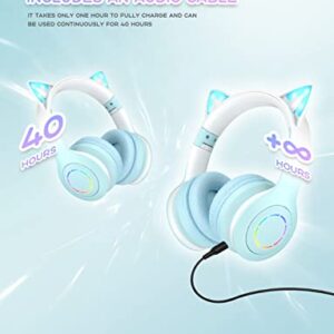 VuyKoo Bluetooth Headphones with Microphone/RGB LED Light Up, Cat Ear Wireless Headphones, Stereo Gaming Headset for Cellphone/PC/Laptop/Tablet/TV Kids Girls & Boys Teens/Birthday Gift (Green)