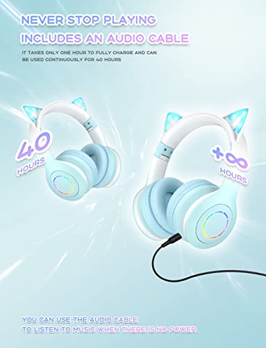 VuyKoo Bluetooth Headphones with Microphone/RGB LED Light Up, Cat Ear Wireless Headphones, Stereo Gaming Headset for Cellphone/PC/Laptop/Tablet/TV Kids Girls & Boys Teens/Birthday Gift (Green)