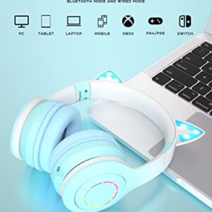 VuyKoo Bluetooth Headphones with Microphone/RGB LED Light Up, Cat Ear Wireless Headphones, Stereo Gaming Headset for Cellphone/PC/Laptop/Tablet/TV Kids Girls & Boys Teens/Birthday Gift (Green)