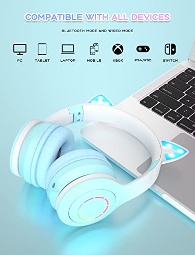 VuyKoo Bluetooth Headphones with Microphone/RGB LED Light Up, Cat Ear Wireless Headphones, Stereo Gaming Headset for Cellphone/PC/Laptop/Tablet/TV Kids Girls & Boys Teens/Birthday Gift (Green)