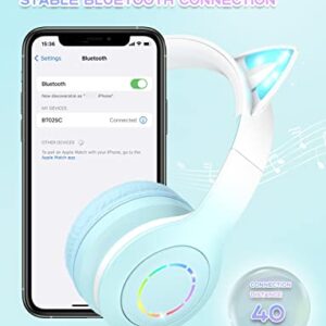 VuyKoo Bluetooth Headphones with Microphone/RGB LED Light Up, Cat Ear Wireless Headphones, Stereo Gaming Headset for Cellphone/PC/Laptop/Tablet/TV Kids Girls & Boys Teens/Birthday Gift (Green)