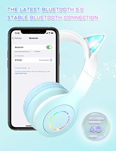 VuyKoo Bluetooth Headphones with Microphone/RGB LED Light Up, Cat Ear Wireless Headphones, Stereo Gaming Headset for Cellphone/PC/Laptop/Tablet/TV Kids Girls & Boys Teens/Birthday Gift (Green)