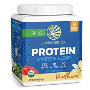 sunwarrior vegan protein powder with bcaa | organic hemp seed protein gluten free non-gmo dairy free soy sugar free low carb plant based protein | vanilla 17 servings | warrior blend