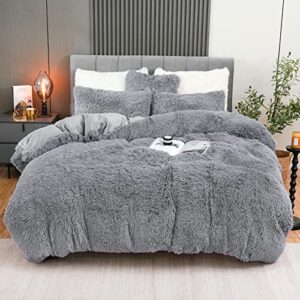 fluffy plush duvet cover set queen size, luxury ultra soft velvet fuzzy comforter cover bed sets 4pcs(1 faux fur duvet cover + 2 pillow cases + 1 pillow cover) zipper closure (light gray)