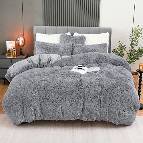 Fluffy Plush Duvet Cover Set Queen Size, Luxury Ultra Soft Velvet Fuzzy Comforter Cover Bed Sets 4Pcs(1 Faux Fur Duvet Cover + 2 Pillow Cases + 1 Pillow Cover) Zipper Closure (Light Gray)