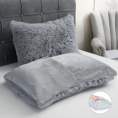 Fluffy Plush Duvet Cover Set Queen Size, Luxury Ultra Soft Velvet Fuzzy Comforter Cover Bed Sets 4Pcs(1 Faux Fur Duvet Cover + 2 Pillow Cases + 1 Pillow Cover) Zipper Closure (Light Gray)