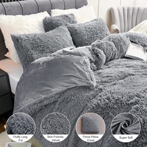 Fluffy Plush Duvet Cover Set Queen Size, Luxury Ultra Soft Velvet Fuzzy Comforter Cover Bed Sets 4Pcs(1 Faux Fur Duvet Cover + 2 Pillow Cases + 1 Pillow Cover) Zipper Closure (Light Gray)