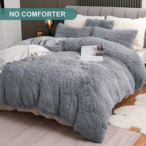 Fluffy Plush Duvet Cover Set Queen Size, Luxury Ultra Soft Velvet Fuzzy Comforter Cover Bed Sets 4Pcs(1 Faux Fur Duvet Cover + 2 Pillow Cases + 1 Pillow Cover) Zipper Closure (Light Gray)