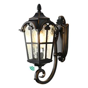 edishine dusk to dawn outdoor wall light, 17" exterior light fixture wall lantern, black roman porch light wall lamp with water ripple glass, waterproof wall mount sconce for porch, garage, patio
