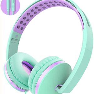 Kids Headphones for School, Volume Control Foldable&Adjustable On-Ear Headphones for Kids Boys Girls, 3.5mm Jack Stereo Wired Headphones for Phone, Tablet, Kindle, School/Travel Mint