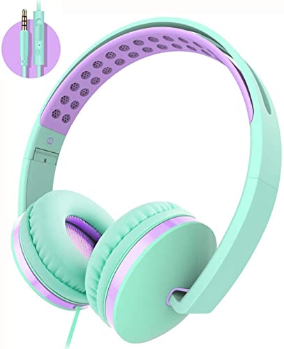 Kids Headphones for School, Volume Control Foldable&Adjustable On-Ear Headphones for Kids Boys Girls, 3.5mm Jack Stereo Wired Headphones for Phone, Tablet, Kindle, School/Travel Mint