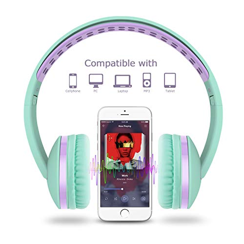 Kids Headphones for School, Volume Control Foldable&Adjustable On-Ear Headphones for Kids Boys Girls, 3.5mm Jack Stereo Wired Headphones for Phone, Tablet, Kindle, School/Travel Mint