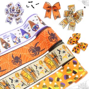 ruifen 4 rolls 26 yards halloween wired edge ribbon, gnome spider pumpkin cobwebs bats candy web printed grosgrain ribbons, theme wrapping ribbon for party wreaths and diy crafts, 2.5 in