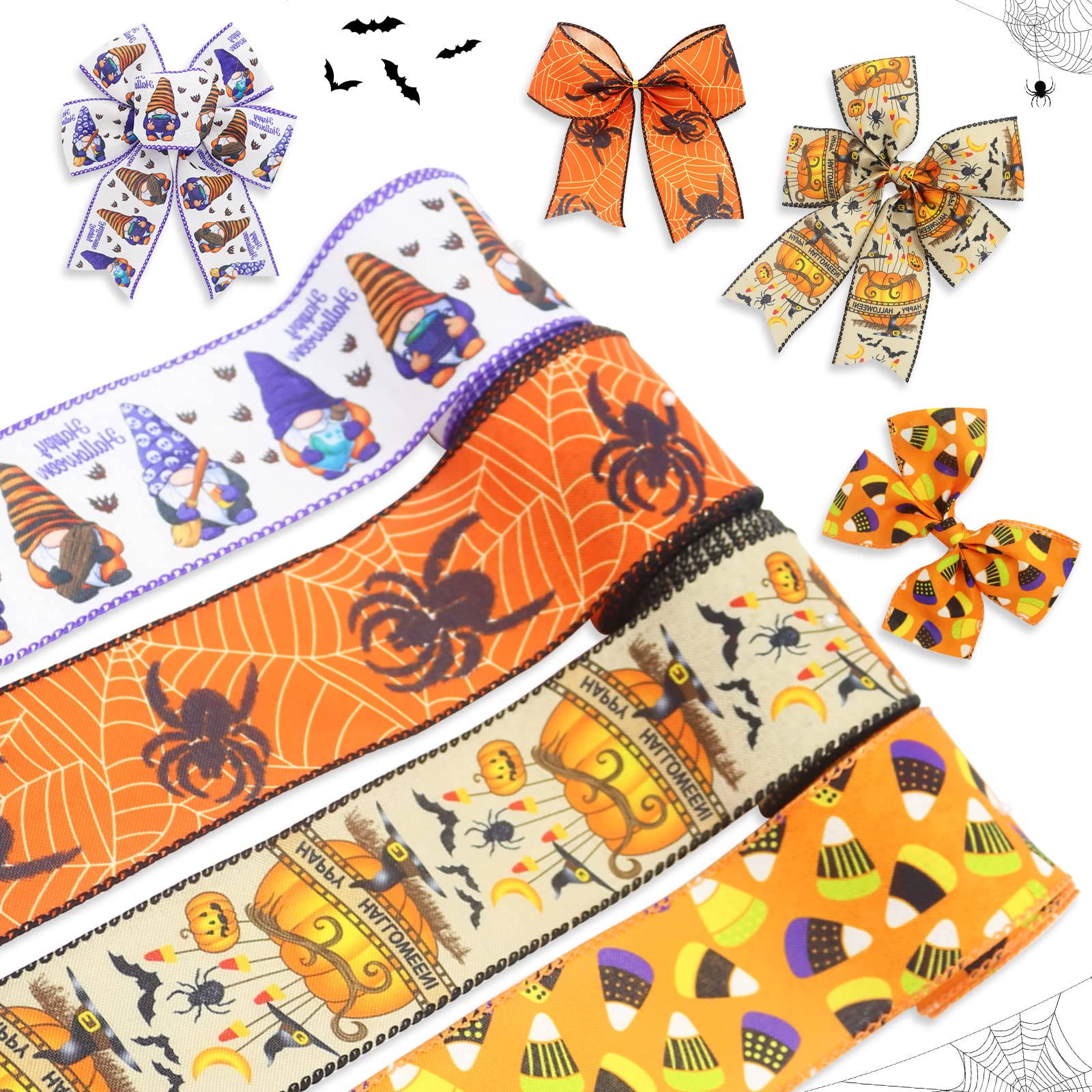 RUIFEN 4 Rolls 26 Yards Halloween Wired Edge Ribbon, Gnome Spider Pumpkin Cobwebs Bats Candy Web Printed Grosgrain Ribbons, Theme Wrapping Ribbon for Party Wreaths and DIY Crafts, 2.5 in