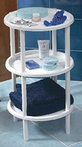 3 tier shelf, end, bed or display table, self-standing shelving for bathroom toiletries, storage and organization. 13 ¾” diameter, 24” height, 9 ¼” space between shelves. load 10 lbs. per tier (white)
