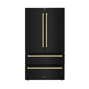 z line kitchen and bath zline 36" autograph edition 22.5 cu. ft freestanding french door refrigerator with ice maker in fingerprint resistant black stainless steel with gold accents (rfmz-36-bs-g)