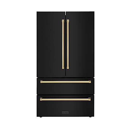 Z Line Kitchen and Bath ZLINE 36" Autograph Edition 22.5 cu. ft Freestanding French Door Refrigerator with Ice Maker in Fingerprint Resistant Black Stainless Steel with Gold Accents (RFMZ-36-BS-G)