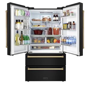 Z Line Kitchen and Bath ZLINE 36" Autograph Edition 22.5 cu. ft Freestanding French Door Refrigerator with Ice Maker in Fingerprint Resistant Black Stainless Steel with Gold Accents (RFMZ-36-BS-G)