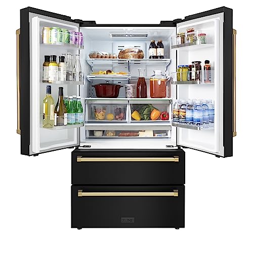 Z Line Kitchen and Bath ZLINE 36" Autograph Edition 22.5 cu. ft Freestanding French Door Refrigerator with Ice Maker in Fingerprint Resistant Black Stainless Steel with Gold Accents (RFMZ-36-BS-G)