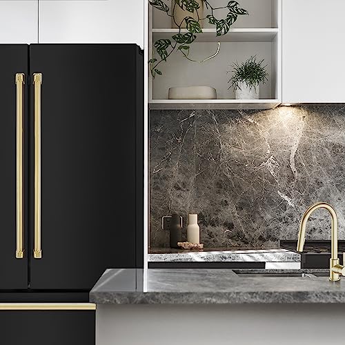 Z Line Kitchen and Bath ZLINE 36" Autograph Edition 22.5 cu. ft Freestanding French Door Refrigerator with Ice Maker in Fingerprint Resistant Black Stainless Steel with Gold Accents (RFMZ-36-BS-G)