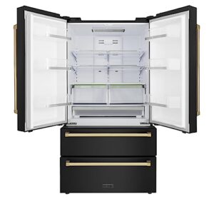 Z Line Kitchen and Bath ZLINE 36" Autograph Edition 22.5 cu. ft Freestanding French Door Refrigerator with Ice Maker in Fingerprint Resistant Black Stainless Steel with Gold Accents (RFMZ-36-BS-G)