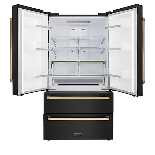 Z Line Kitchen and Bath ZLINE 36" Autograph Edition 22.5 cu. ft Freestanding French Door Refrigerator with Ice Maker in Fingerprint Resistant Black Stainless Steel with Gold Accents (RFMZ-36-BS-G)