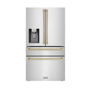 zline 36" autograph edition 21.6 cu. ft freestanding french door refrigerator with water and ice dispenser in fingerprint resistant stainless steel with champagne bronze accents (rfmz-w-36-cb)