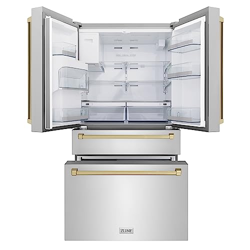 ZLINE 36" Autograph Edition 21.6 cu. ft Freestanding French Door Refrigerator with Water and Ice Dispenser in Fingerprint Resistant Stainless Steel with Champagne Bronze Accents (RFMZ-W-36-CB)