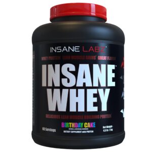 insane labz insane whey,100% muscle building whey protein, post workout, bcaa amino profile, mass gainer, meal replacement, 5lbs, 60 srvgs, (birthday cake)