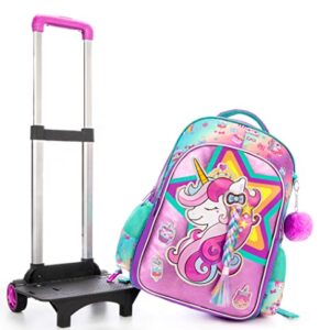 JSMNIAI Unicorn Rolling Backpack for Girls Wheels Backpacks Kids Luggage for Elementary Preschool Students Cute Suitcase Trolley Trip Wheeled Backpack with Lunch Box for Girls