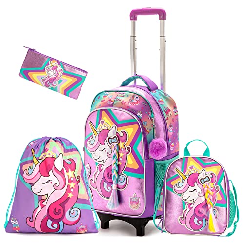 JSMNIAI Unicorn Rolling Backpack for Girls Wheels Backpacks Kids Luggage for Elementary Preschool Students Cute Suitcase Trolley Trip Wheeled Backpack with Lunch Box for Girls