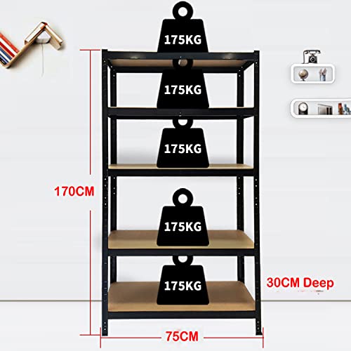 AUTOFU Racking Storage Shelving Unit Garage Shelving Storage Units Boltless Design Black for Easy Assembly 170cm x 75cm x 30cm - HxWxD