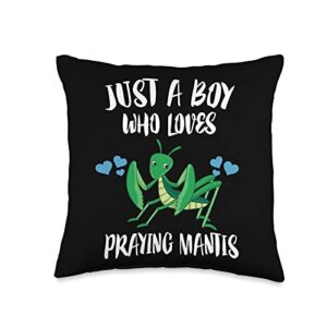 praying mantis just a boy who loves throw pillow, 16x16, multicolor