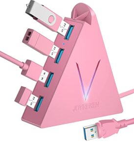 joyreken 4-port usb 3.0 hub, flyingvhub vertical data usb hub with 2 ft extended cable, for mac, pc, xbox one, ps4, ps5, imac, surface pro, xps, laptop, desktop, flash drive, mobile hdd(pink)