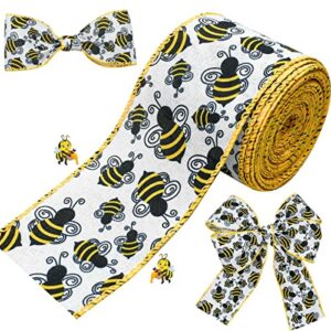 10 yards bee wired edge ribbon bumble bee burlap ribbon polyester fabric summer bee decorative ribbons for gift wrapping diy craft party decoration hair bows all crafting and sewing (2.5 inch)