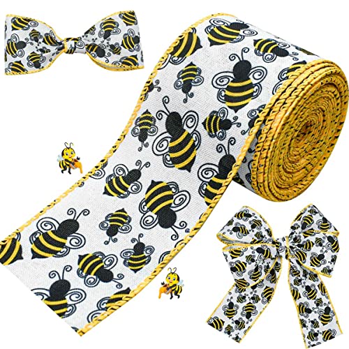 10 Yards Bee Wired Edge Ribbon Bumble Bee Burlap Ribbon Polyester Fabric Summer Bee Decorative Ribbons for Gift Wrapping DIY Craft Party Decoration Hair Bows All Crafting and Sewing (2.5 Inch)