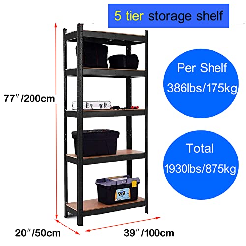 5 Tier Shelving Unit Heavy Duty Garage Metal Storage Boltless Adjustable Shelves for Storage,Standing Utility Multipurpose Muscle Shelf for Office, Garage, Kitchen,77"x 39" x 20", Black