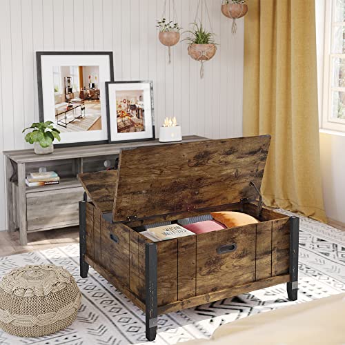 Bestier Farmhouse Coffee Table, Square Wood Center Table with Large Hidden Storage Compartment for Living Room, Rustic Cocktail Table with Hinged Lift Top for Home, Brown