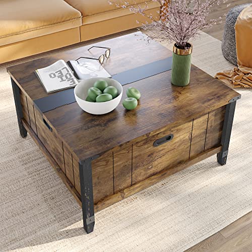 Bestier Farmhouse Coffee Table, Square Wood Center Table with Large Hidden Storage Compartment for Living Room, Rustic Cocktail Table with Hinged Lift Top for Home, Brown