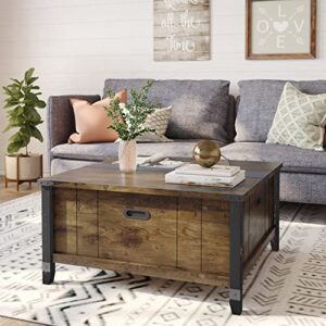 Bestier Farmhouse Coffee Table, Square Wood Center Table with Large Hidden Storage Compartment for Living Room, Rustic Cocktail Table with Hinged Lift Top for Home, Brown