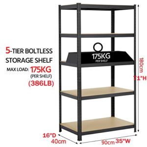 Garage Shelving Units Boltless Assembly, Heavy Duty Metal Racking Shelves for Storage, Black 5 Tier (386lbs Per Shelf), 1929lbs Capacity, for Home Basement Laundry, 71" H x 35" W x 16" D