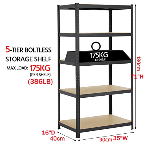 Garage Shelving Units Boltless Assembly, Heavy Duty Metal Racking Shelves for Storage, Black 5 Tier (386lbs Per Shelf), 1929lbs Capacity, for Home Basement Laundry, 71" H x 35" W x 16" D