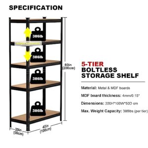 Storage Shelve 5-Tier Shelving Unit Sturdy Garage Rack Adjustable Organizer Metal Shelving Units, Bolt-free Assembly, 80H x 40W x 20D inch, with MDF Boards, Large Capacity for Garage, Kitchen (Black)