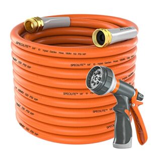specilite garden hose 50 ft x 5/8 in heavy duty, flexible and lightweight water hose, burst 600 psi, kink-less hybrid rubber hose for backyard, 3/4'' brass fittings