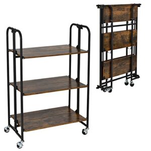 giantex foldable storage shelves with wheels, no assembly 3-tier rolling cart, 2 of the wheels have locks, microwave utility cart baker rack, portable storage rack w/metal frame, for kitchen, rv