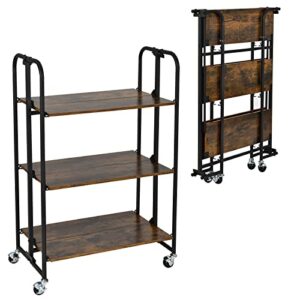 Giantex Foldable Storage Shelves with Wheels, No Assembly 3-Tier Rolling Cart, 2 of The Wheels Have Locks, Microwave Utility Cart Baker Rack, Portable Storage Rack w/Metal Frame, for Kitchen, RV