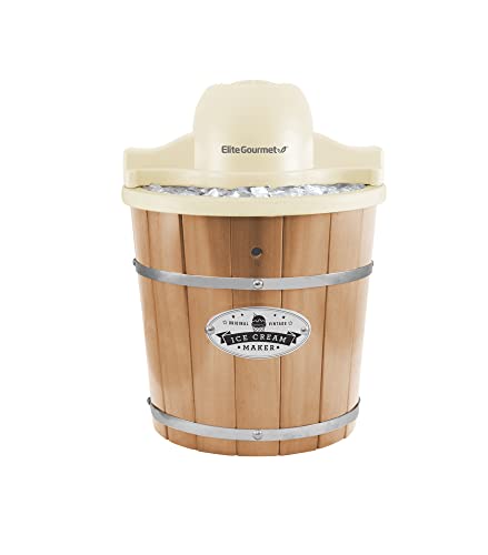 Elite Gourmet EIM-924L## 4 quart Old Fashioned Vintage Appalachian Wood Bucket Electric Ice Cream Maker Machine with Leak-Proof Liner, Uses Ice and Rock Salt Churns Ice Cream in Minutes, 4 Qt, Pine