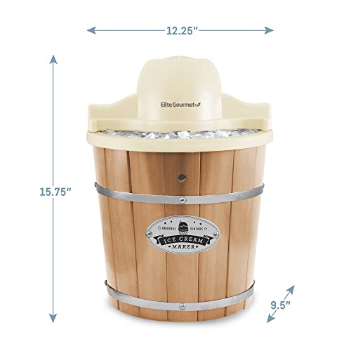 Elite Gourmet EIM-924L## 4 quart Old Fashioned Vintage Appalachian Wood Bucket Electric Ice Cream Maker Machine with Leak-Proof Liner, Uses Ice and Rock Salt Churns Ice Cream in Minutes, 4 Qt, Pine