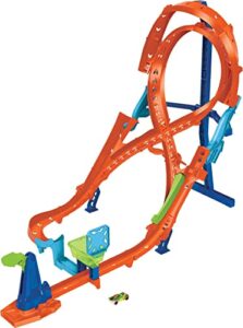 hot wheels toy car track set with figure-8 jump & 1:64 scale car, 2-ft tall track, connects to other sets