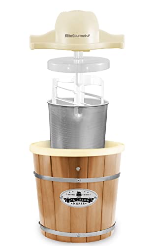 Elite Gourmet EIM-924L## 4 quart Old Fashioned Vintage Appalachian Wood Bucket Electric Ice Cream Maker Machine with Leak-Proof Liner, Uses Ice and Rock Salt Churns Ice Cream in Minutes, 4 Qt, Pine